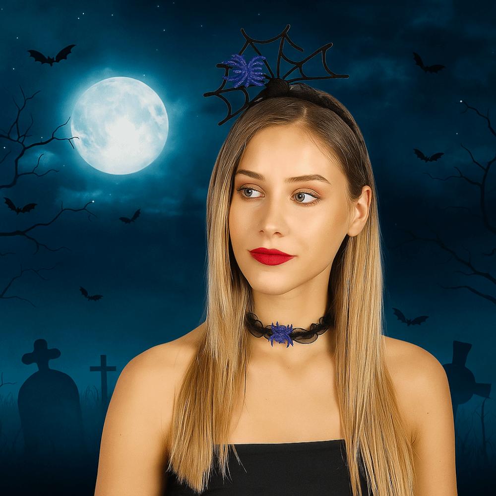Mesh Halloween Headband Ruffles Spider Web Hairband Creative Hairband Necklace Set  Boys/Girls
