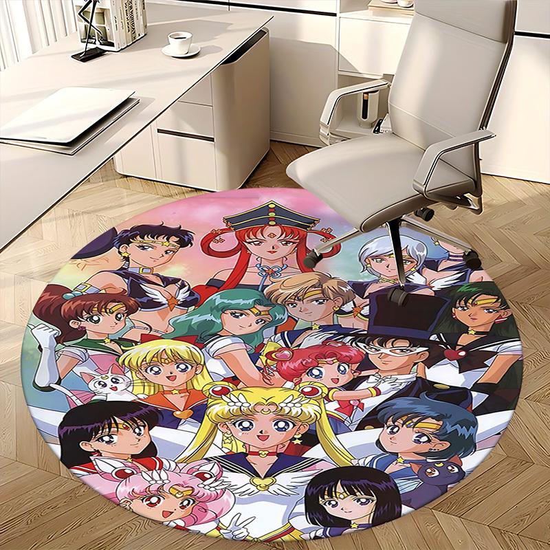 1pc Sailor Moon Anime Round Carpet Office Chair Mat, NonSlip Rug for Home Decor, Living Room, Bedroom, Game Room