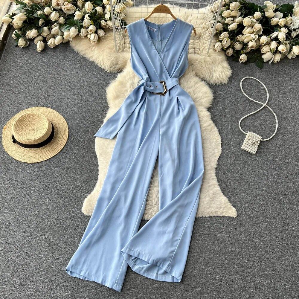 2024, primăvară și vară, nou sexy, cu decolteu în V, cu bretele în talie, care îmbrățișează, pantaloni lungi, drepti, grațioși, cu picioare late