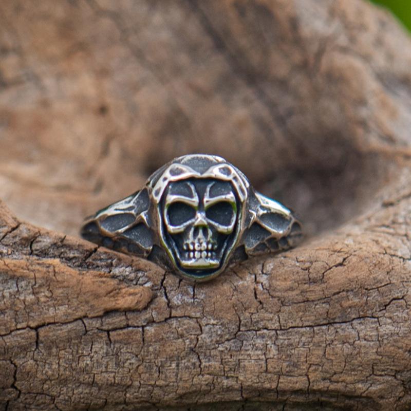 Yintai Fei Retro Thai Silver "Undead" Skull Ring - Dark Demon Series, Men's Black Magic Open Seal Trendy Ring.
