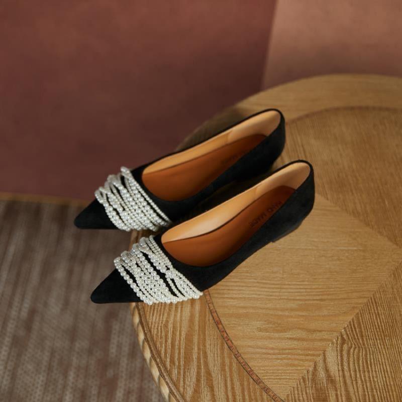 Fashion Hot Selling Spring  Pearl Beads Decorated Pointed Toe Shallow Mouth Breathable Casual Women's Shoes 2025 New Elegant Flat Shoes
