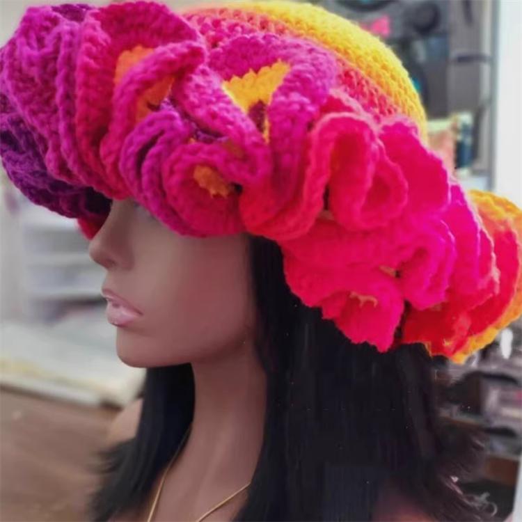 Handmade Knit Bucket Hat for Woman Weaving Ruffled Brim Bucket Hat Adult Teens Winter Cycling Fisherman Hat