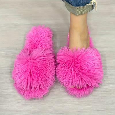 Pantuflas de invierno de felpa para mujer, zapatos planos de suela suave con punta abierta de color sólido, pantuflas de casa cálidas y cómodas