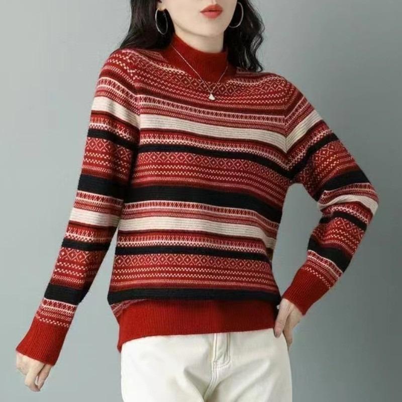 

Autumn and winter new knitted sweater loose outer wear color matching striped retro bottoming shirt semi turtleneck sweater women average size красный