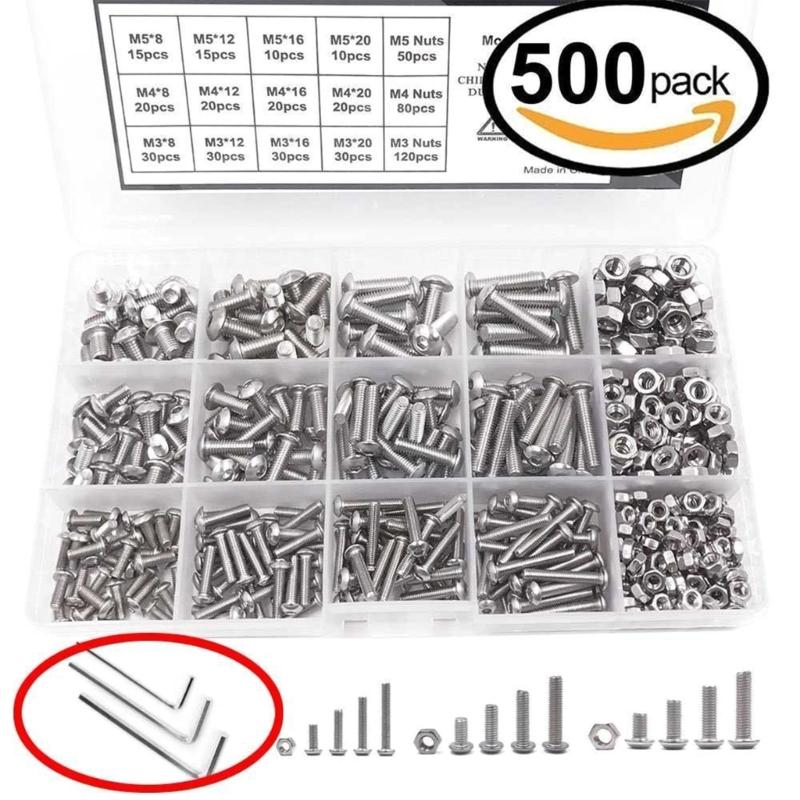 500Pcs Hexagon Socket Screws Nut Bolt Machine Screws Stainless Steels Cylinders Screws Assortment Hardware 4mm