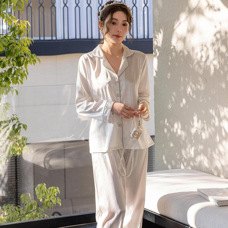 Loose solid color pajamas, new long-sleeved trousers, thin set, advanced sense, exquisite and comfortable breathable women's loungewear