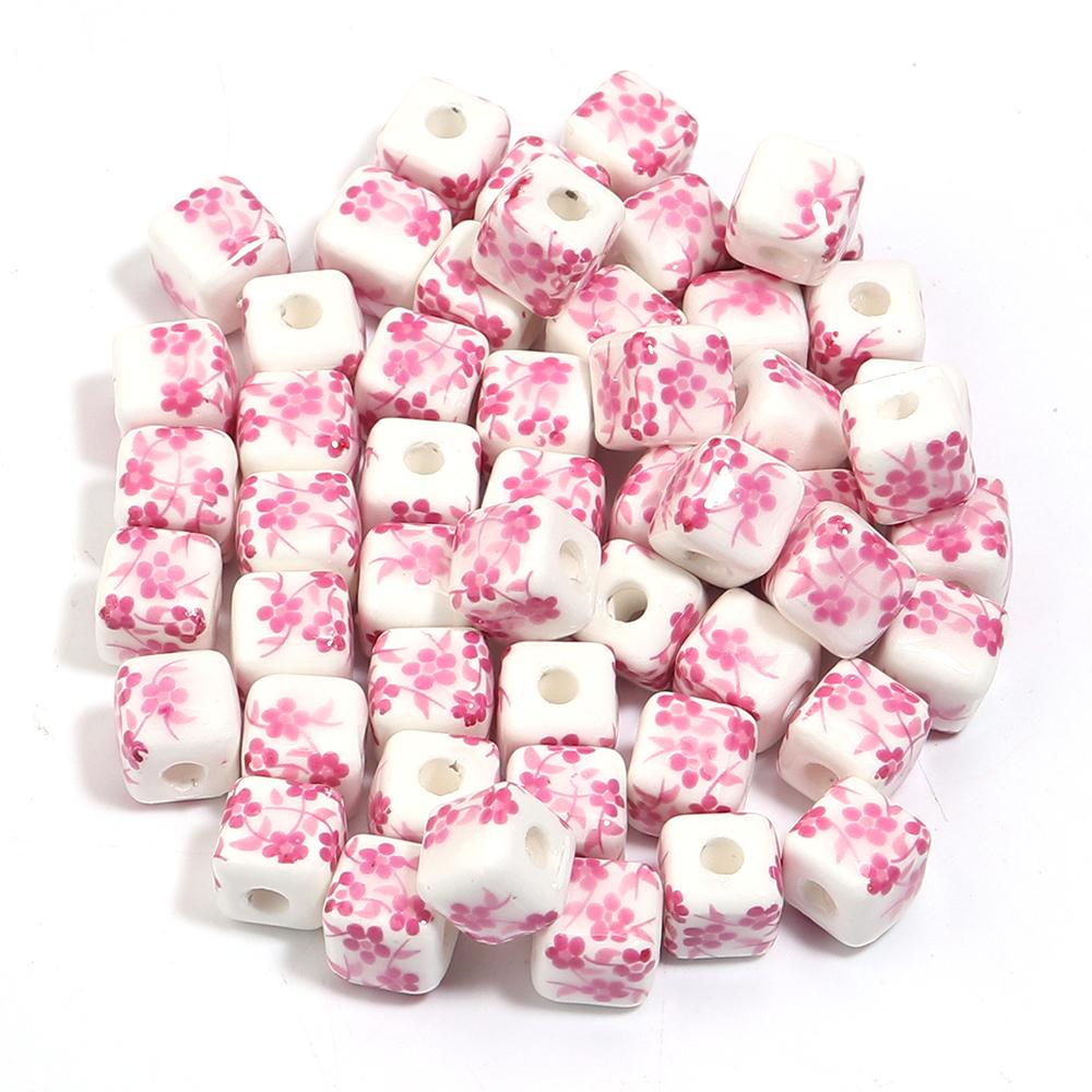 20pcs 8mm Flower Patterns Square Ceramic Beads Big Hole Porcelain Loose Beads For Jewelry Making DIY Bracelets Necklace Findings