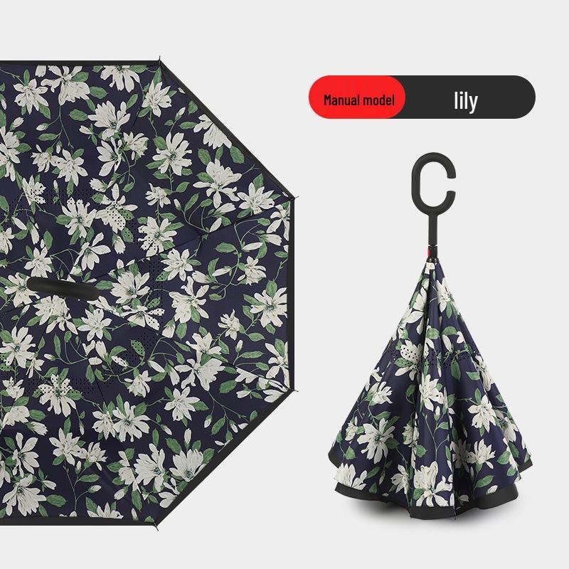 Custom Reverse Car Umbrella with Hands-Free C-Shaped Handle - Business Long Handle Umbrella with Logo Print for Men