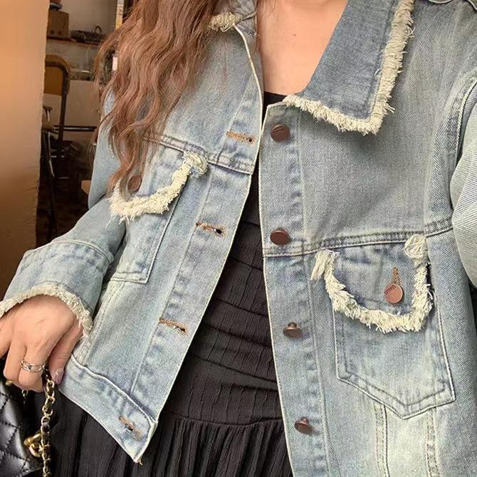 Spring and Autumn Women's Plus Size Vintage Tassel Denim Jacket Hong Kong Style Chic Jacket