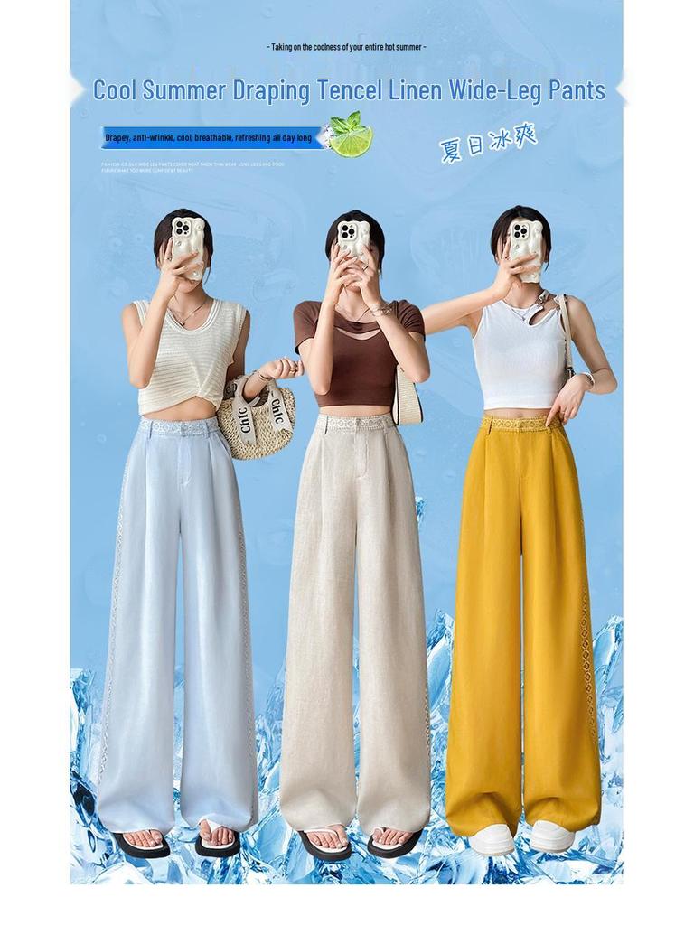 Tencel Linen Wide-Leg High-Waisted Women's Pants - Spring/Summer 2026, Ice Silk, Floor-Length, Casual Straight Fit