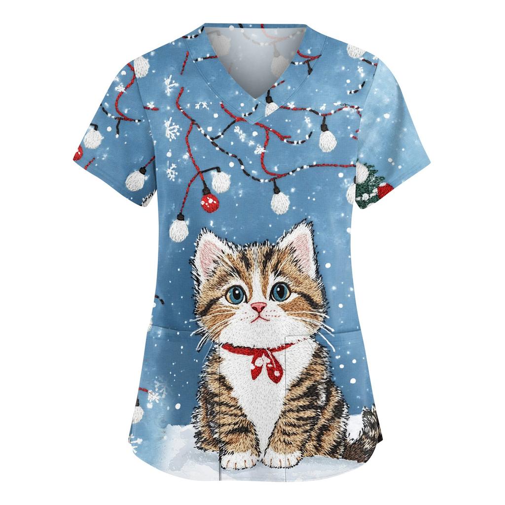 Damen Modische V-Ausschnitt Arbeitskleidung Weihnachten Bedruckt Kurzärmlig Tasche Seitenschlitz Arbeitskleidung Basic Pullover Top