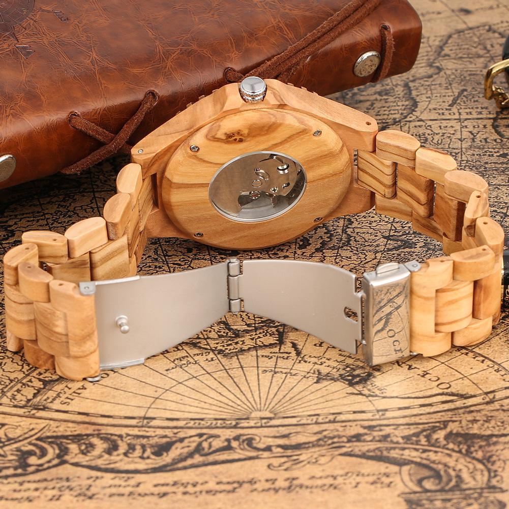 Tourbillon Skelettiertes 24-Stunden Mondphasenzifferblatt Herren Vollautomatische Mechanische Holzuhr Freizeit- und Geschäftszubehör