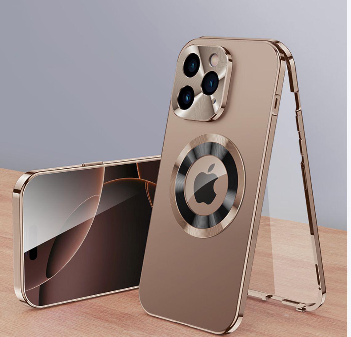 

Для iPhone 16 15 14 13 12 Pro Max Case 360° Повністю закритий металевий алюмінієвий сплав HD Glass Magnetic Adsorption Protection Phone cover cover For iPhone 16 Pro старий золотий колір