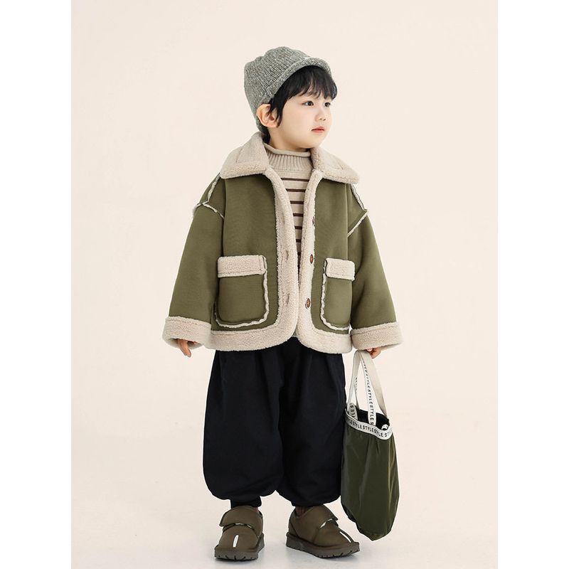 Children's Clothing, Boys' Fleece Jacket, Winter Kidsren's Fur Integrated Cashmere Cardigan, Single-Breasted Top for Small and Medium-Sized Kidsren