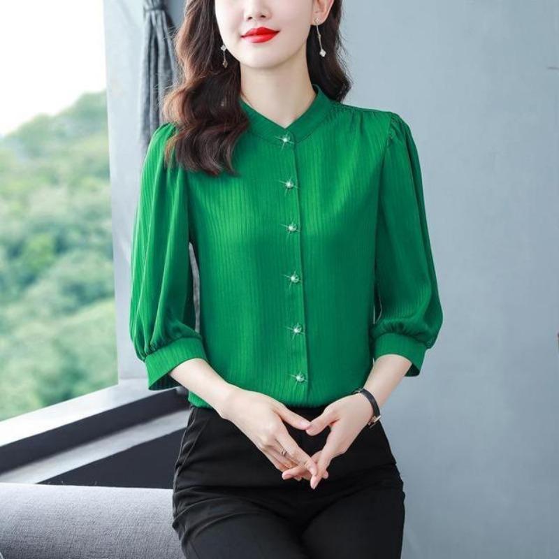 New Women's White Shirt Spring Autumn 3/4 Sleeve Striped Top Summer Loose Reducing Age Puff Sleeve Bottoming Blouse S-4XL