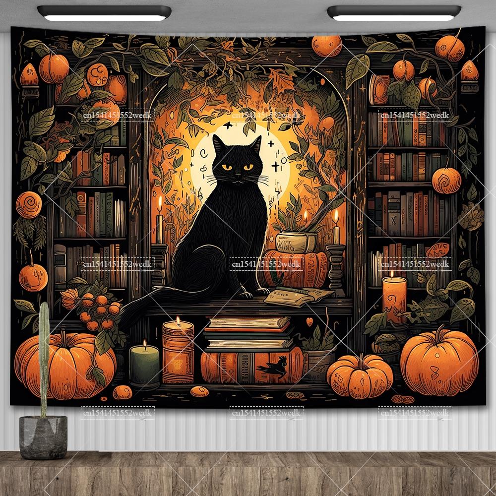 Black Cat Library Tapestry Wall Hanging Occult Witchy Altar Cloth Tarot Tapestrys Aesthetic Bedroom Decor Printed Tapestries