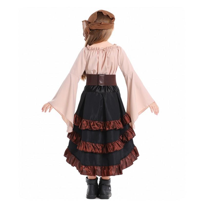 Girls Pirate Costume Set Long Sleeve Blouse High Waist Mermaid Skirt Halloween Performance Dance Outfit