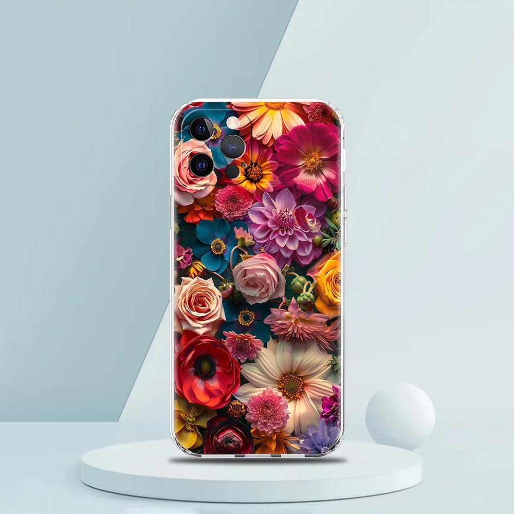 Colorful Flower Soft Transparent Phone Case Cover for iPhone 16 15 14 13 12 11 Pro Max XR 8 7 Plus XS Max Shockproof Shell Capas