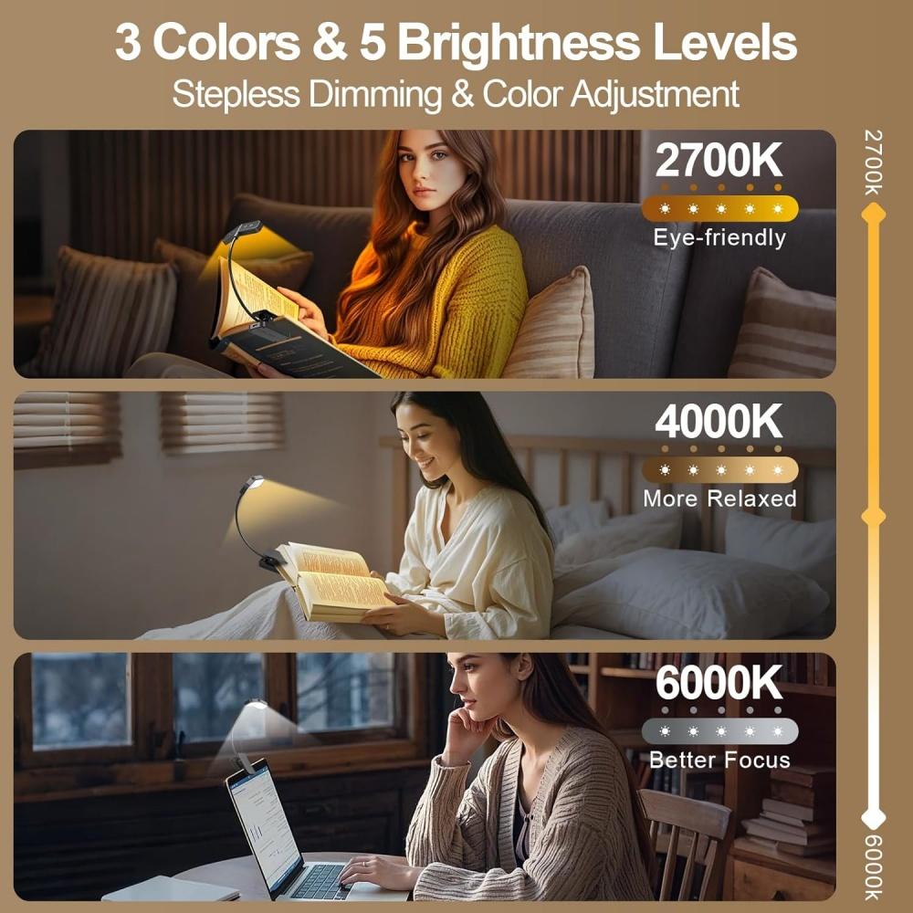 16 LED Wingy Book Light Rechargeable Book Lamp Reading Light in Bed 3 Color Temperatures Dimming Brightness Read Light Read Lamp