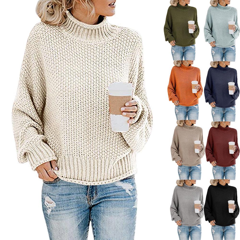 Women's Thick Yarn High Neck Pullover Sweater - 2019 Autumn/Winter Knitwear Collection for European and American Fashion.