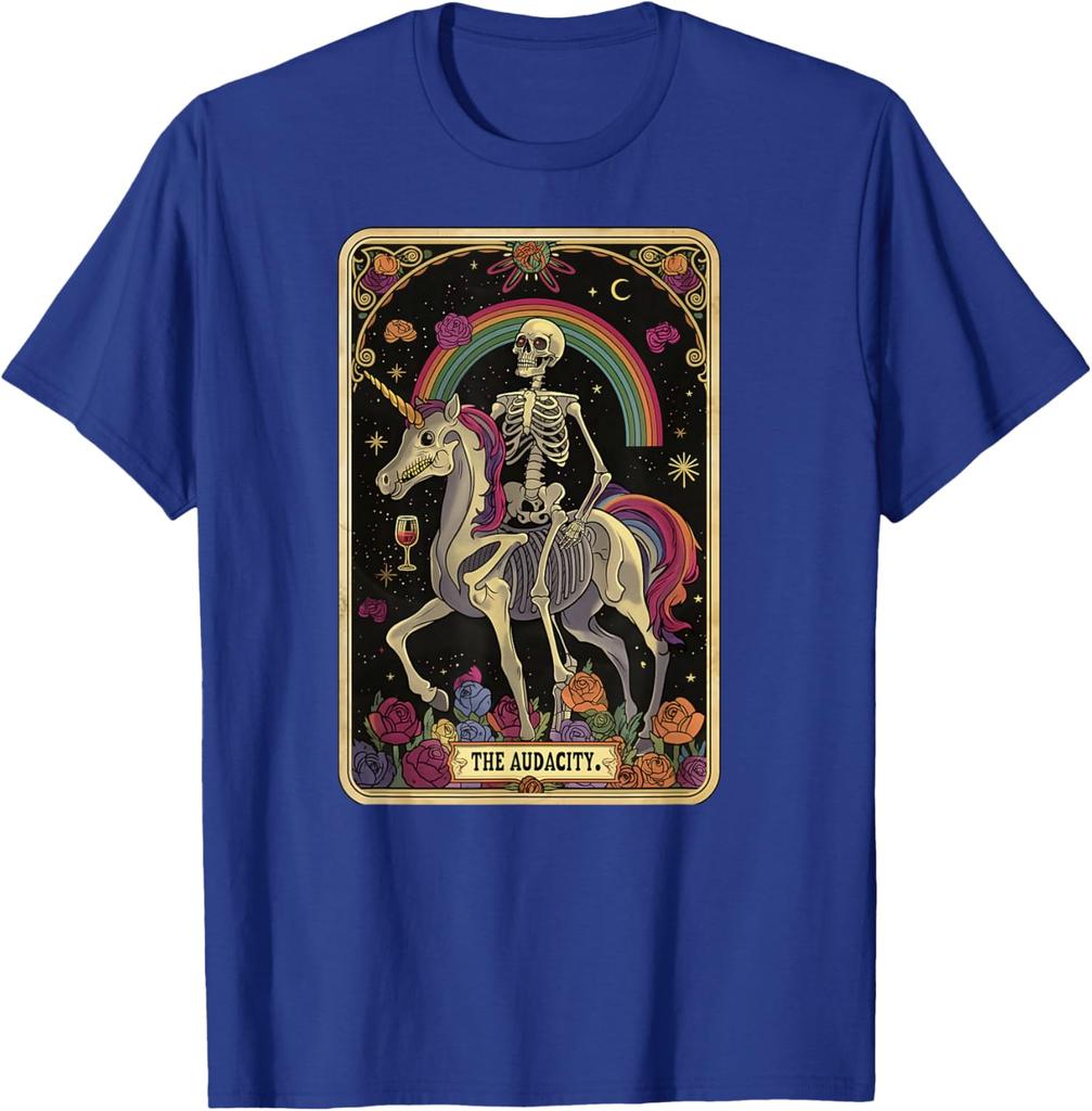 Skelett auf Einhorn reitend Tarot Die Kühnheit Grafik T-Shirt Lässiges Kurzarm Baumwoll-T-Shirt