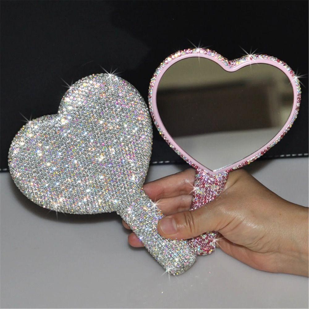 Shiny Love Heart Mirror Rhinestone Hand Cosmetic Mirror Sweet Handheld Makeup Mirror Girl