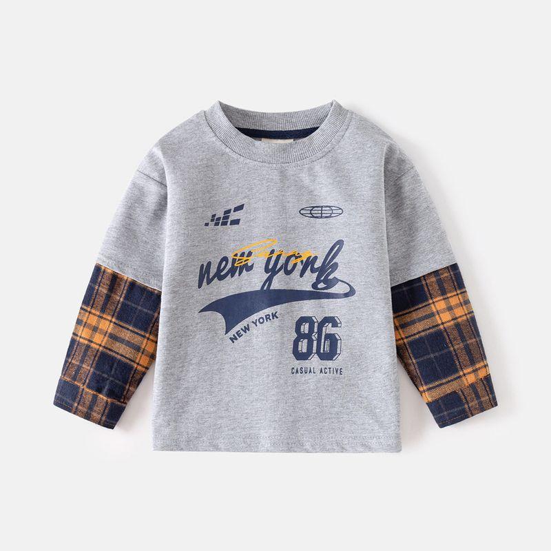 Spring and Autumn Boys' Pure Cotton Fake Two Pieces Long Sleeves T-shirt K-style Children Letters Kids Drop-Shoulder Sleeve Bottoming Shirt