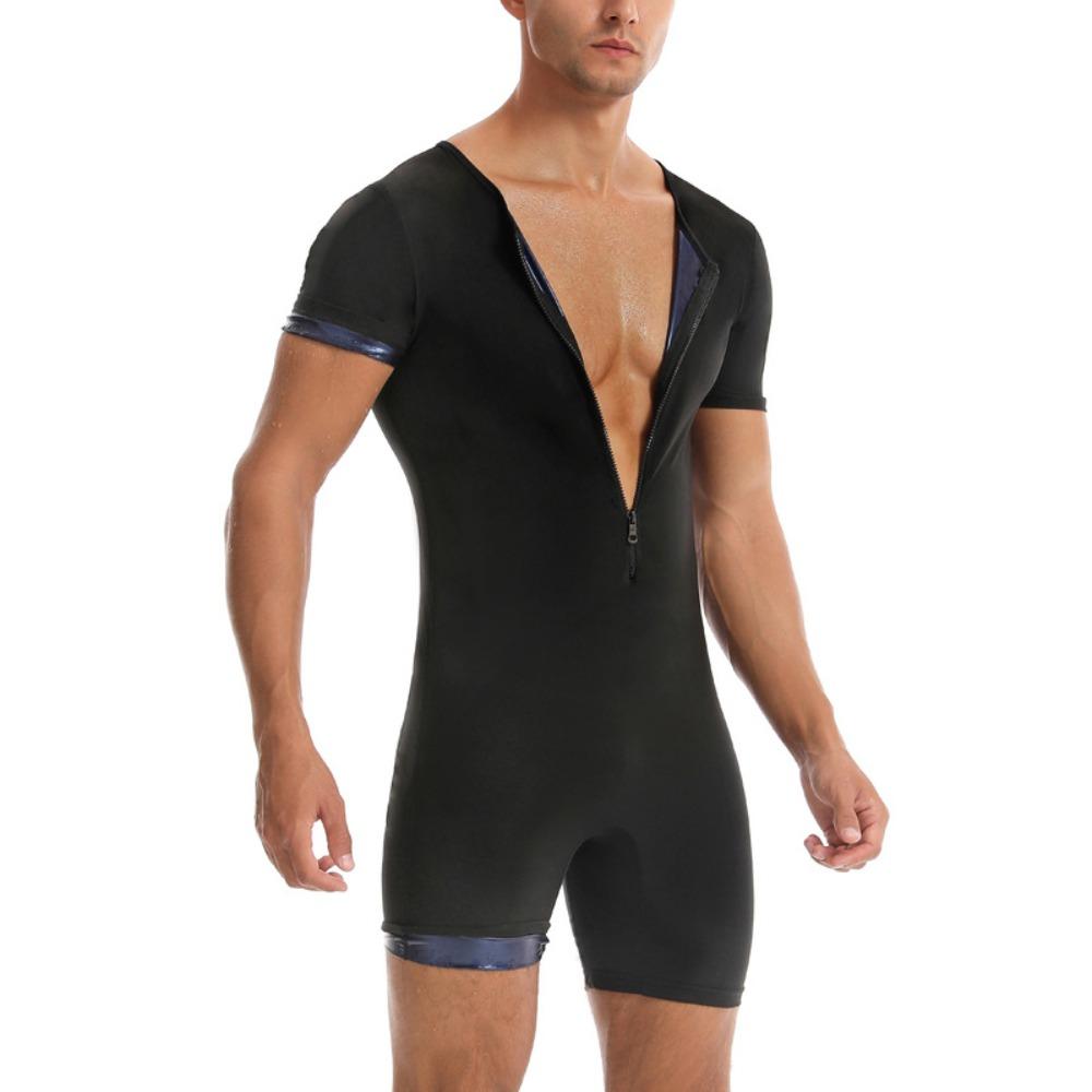 Sauna-Anzug für Herren 3 in 1 Ganzkörper-Formformer Taillentrainer Schweißshirt Kurzarm Trainings-Top mit Shorts Schlankmachender Jumpsuit Fitness-Leotard für das Fitnessstudio