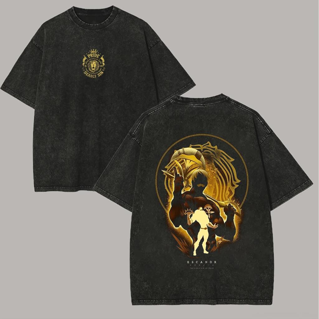 Anime-Liebhaber Sieben Todsünden Escanor Bedrucktes Unisex Gewaschenes Oversized T-Shirt Unisex Baumwolle Streetwear Kurzarm Unisex Kleidung