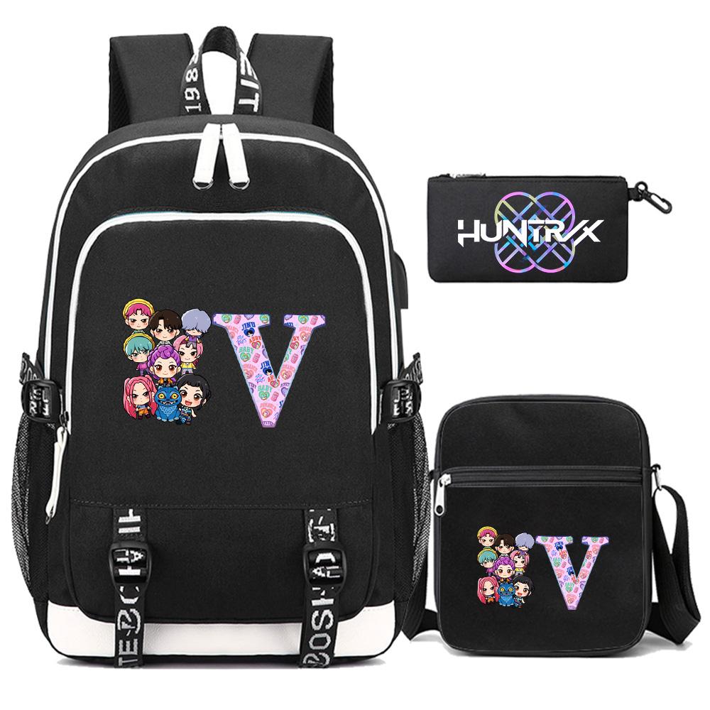 3Pcs/set 26 English Letter Kpop Printed Backpack with Shoulder Bag Pencil Case for Teenager Girl Boy Bookbag Large Capacity Waterproof Travel Bag