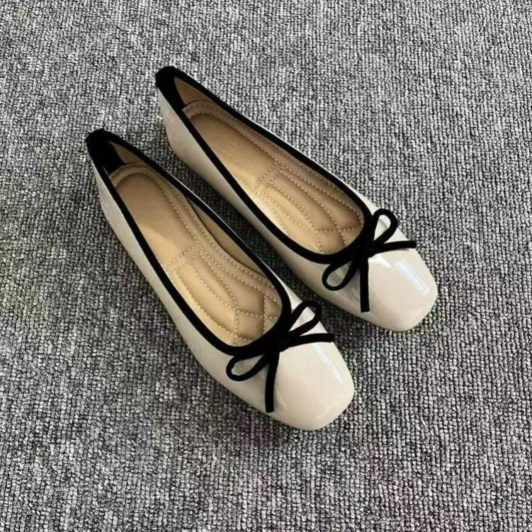 Soft Leather Shallow Mouth Flat Shoes French Style Square Toe Bow Red Women's Shoes