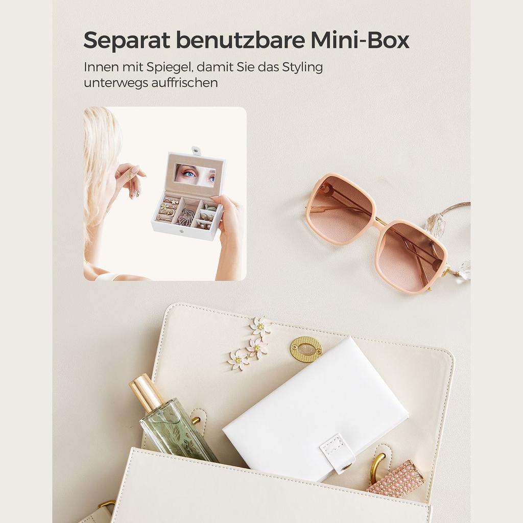 SONGMICS Jewellery Box, Organiser with 2 Drawers, Lockable Case with Mirror, Portable Travel Case, for Rings, Bracelets, Earrings, Necklaces