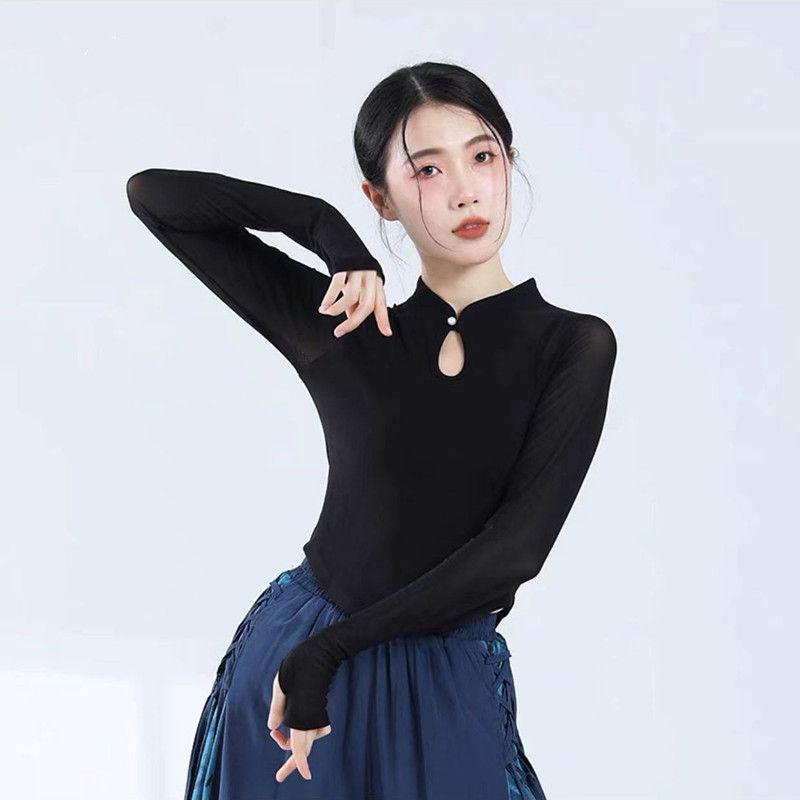 Women's Slim Fit Long Sleeve Stand Collar Dance Top - Versatile, Slimming, Classical Dance Practice Wear
