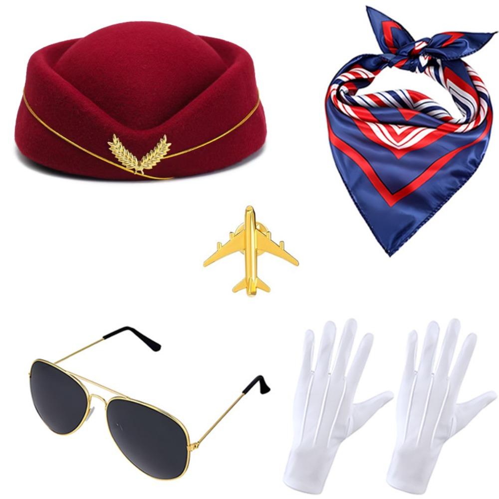 Gloves Scarf Women's Stewardess Costume Dress Up Flight Attendant Hat Stage Performance