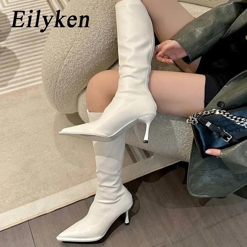 Modă Eilyken Sexy Piele Moale Vârf Ascuțit Cizme Până la Genunchi Tocuri Înalte Fermoar Femei Pantofi cu Toc Doamnelor Cizme Lungi Elastice Moderne