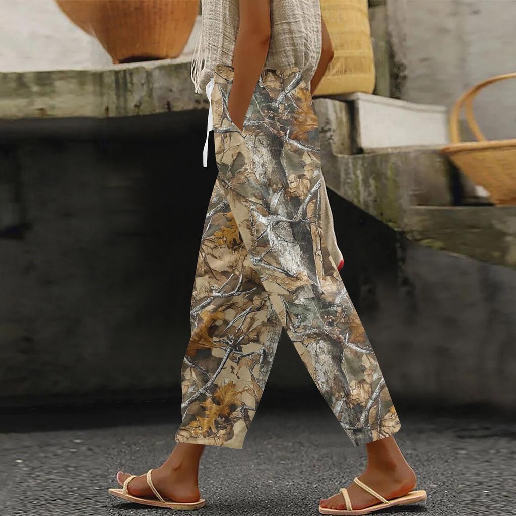 Women's Fashion Printed Drawstring Pocket Elastic Waist Casual Pants