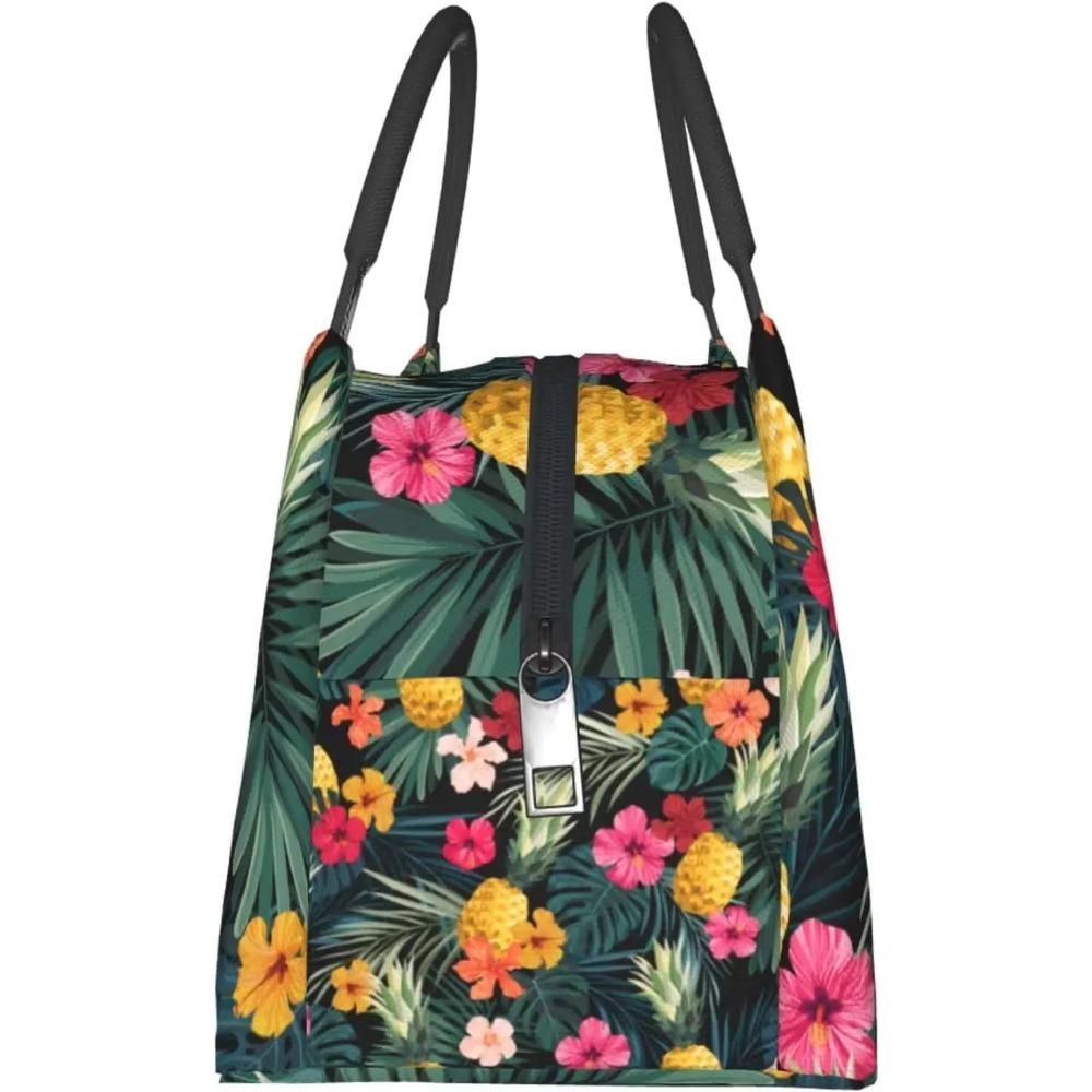Geantă de prânz cu frunze de palmier și hibiscus, reutilizabilă, portabilă, izolată, tropicală, cu ananași și fructe, mare, tip tote bag pentru școală, birou
