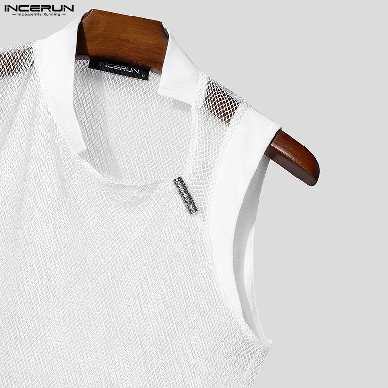 INCERUN Men Cutout Neck Sleeveless Mesh See Through Stitching Tank Tops