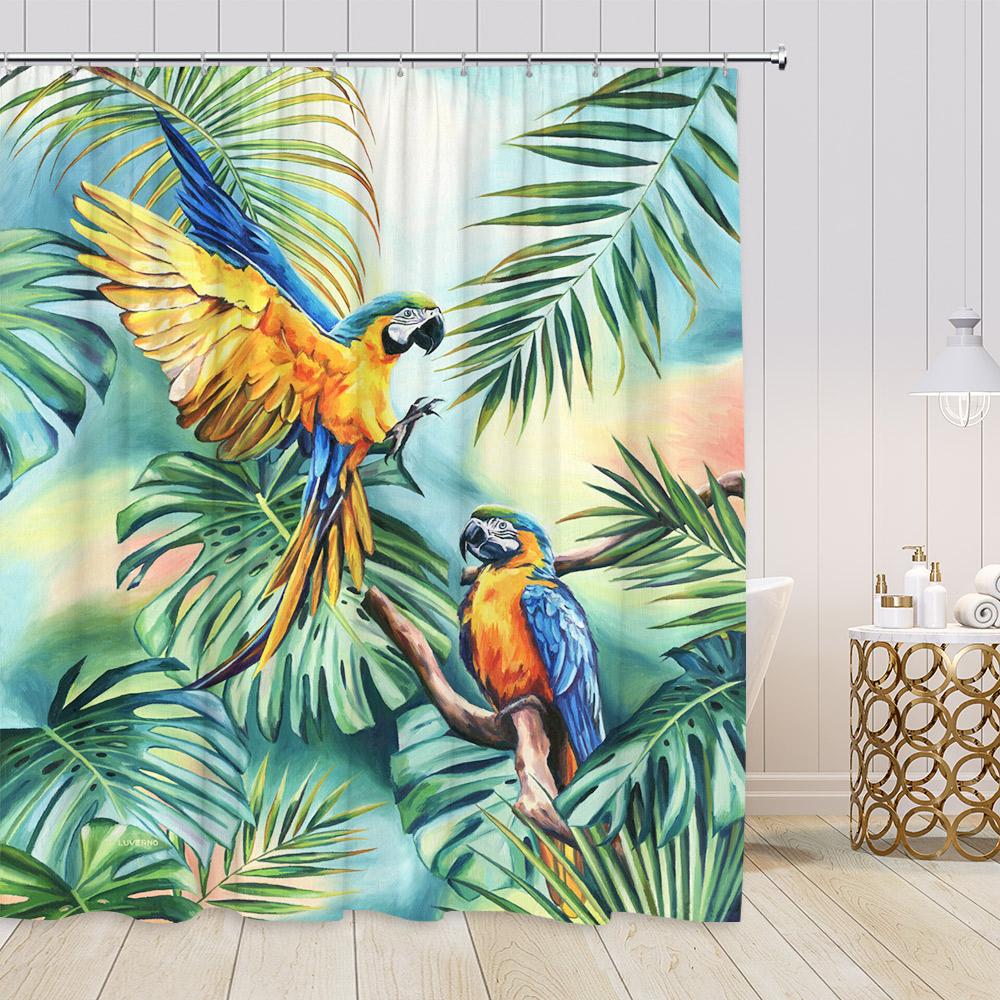 Parrot Shower Curtain Tropics Jungle Rainforest Watercolor Bird Palm Leaf Flower Floral Bathroom Decor Polyester Bath Curtain