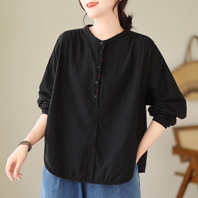 Women s Plus Size Cotton Linen Double Layer Crinkled Solid Pullover Shirt - Spring 2023 M