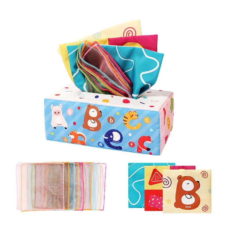 Fun Cartoon Unbreakable Cloth Book Ring Paper Tissue Box Toy - Montessori Baby Toys For 6-12 Months 1 Year Old Boy Girl