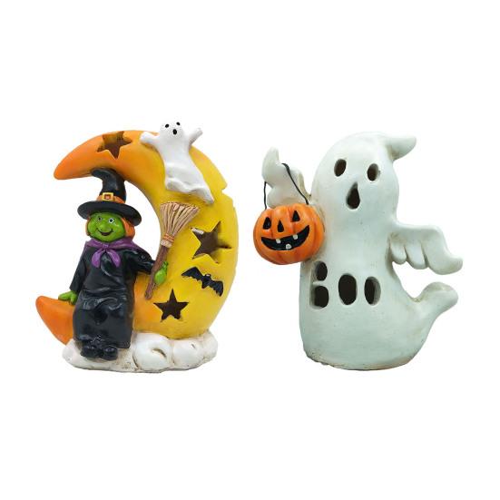 Halloween Decoration Light Up Ghost Pumpkin Witch Moon Figurine Spooky Glowing Resin Statue Tabletop Ornament for Living Room Kitchen Home Decor