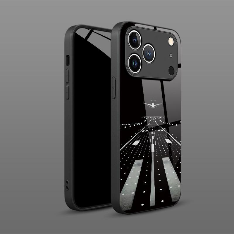 Night View Runway Airplane Tempered Glass Black Phone Case For iPhone 11 12 13 14 15 16 17 Pro Max 17 Air 7 8 Plus XS X XR Cover