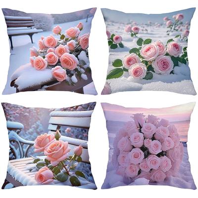 Pink Roses On Snowy Winter Scene Decorative Throw Pillow Cover Polyester Sofa Cushion Case for Living Room Bed Home Decor