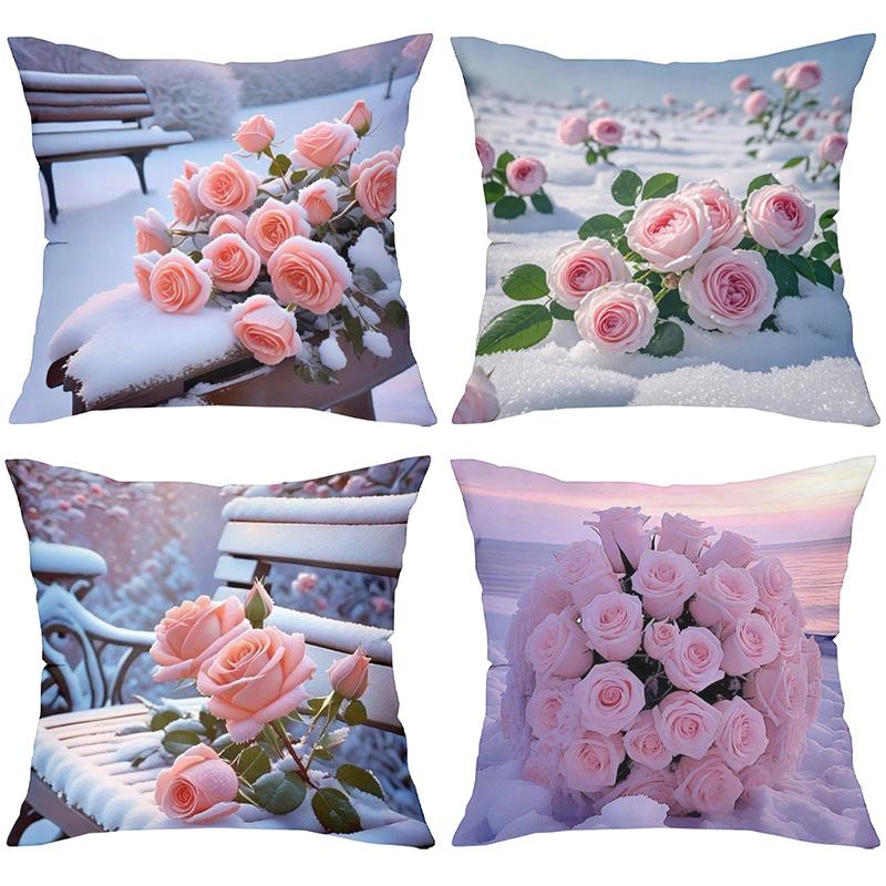 Pink Roses On Snowy Scenes Decorative Throw Pillows Polyester pillowcase, sofa decorative cushion cov Headboard Pillow