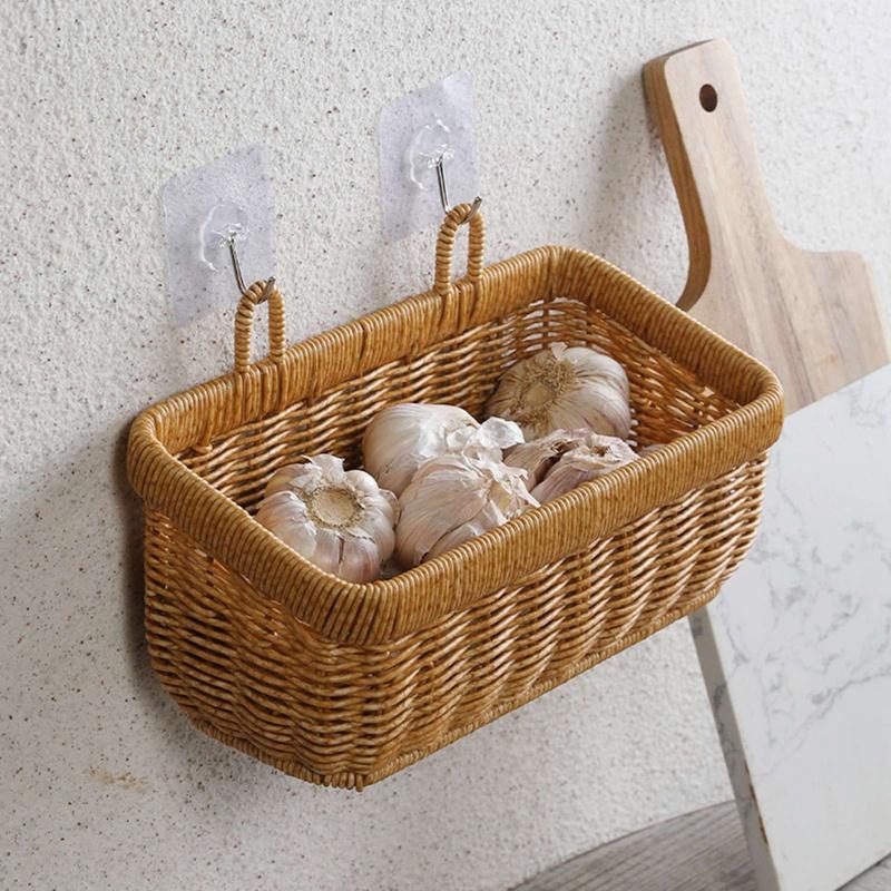 1PC Multipurpose Imitation Rattan Wall Mount Basket with Hanging Handle Decor Hand Woven for Toys Snacks Vegetable Ginger Garlic
