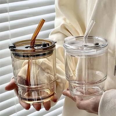 400/450ml Kaffeetasse Einfache Streifen Glastasse mit Deckel und Strohhalm Transparente Bubble Tea Tasse Saft Milch Mocha Tassen Frühstückstasse