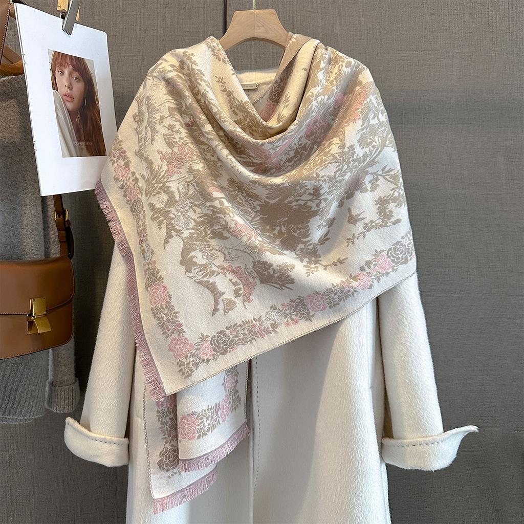 Retro Flower And Bird Printing Imitation Cashmere Autumn And Winter Warm Neck Protection Scarf Versatile Atmosphere Scarf