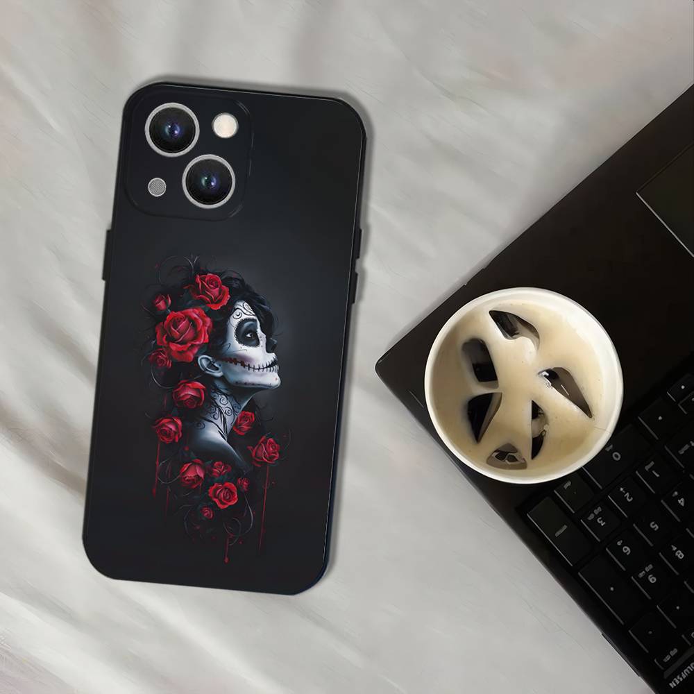 Day of the Dead Mexican Catrina Skull Phone Case For iPhone 17,16,15,14,13,12,11,Pro,XS,Max,XR,Plus,E,SE4,Mini Black Soft Cover