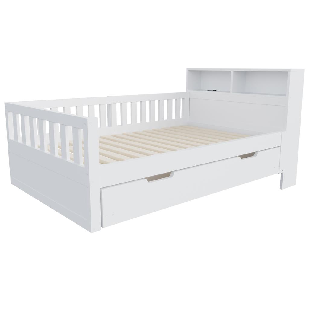 Multifunctional Wooden Bed 90 × 200 cm, With Pull-Out Bed, Shelf and Storage, Equipped With Socket and LED Lighting, Safety Rail, Single Bed, White